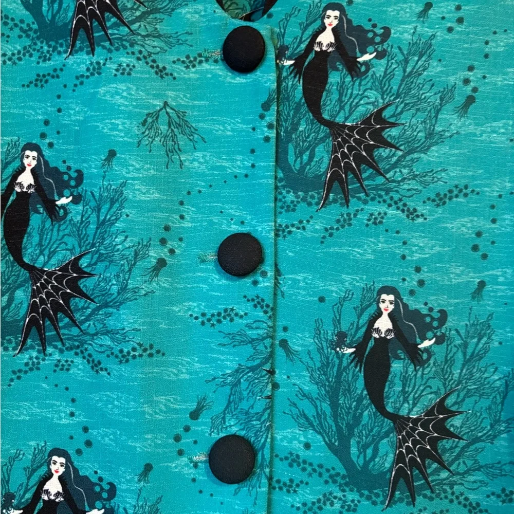 Unique Vintage Teal and Black Button-Up Midi Dress - Picture 2 of 4